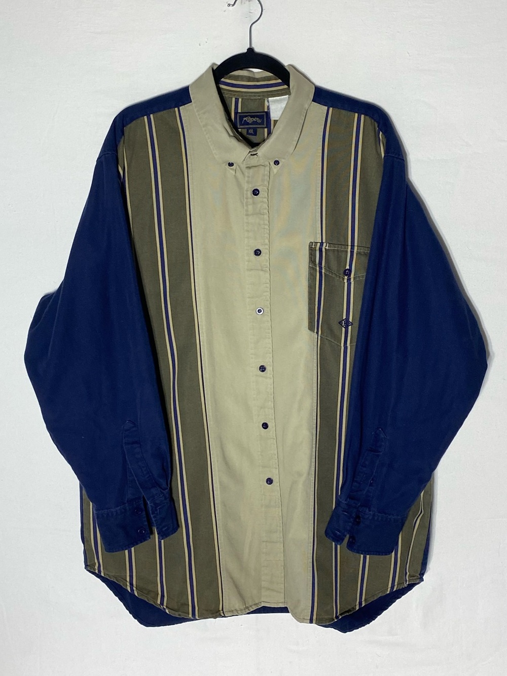 Vintage 90s Roper Navy Tan Colour Block  Striped Western Button Down Shirt XXL
